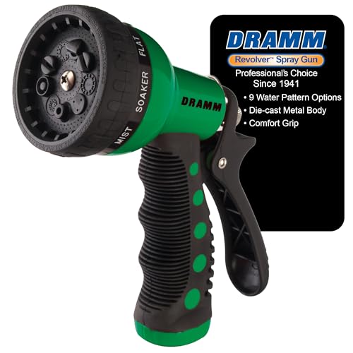 Dramm Revolver Heavy Duty Metal Garden Hose Nozzle – 9 Spray Patterns, High Pressure Jet, Thumb-Control Flow, Ergonomic Grip – Green - color: Green, size: Revolver