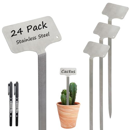 24 Pack Stainless Steel Plant Labels, Waterproof Metal Plant Markers for Outdoor Garden, Greenhouse, Vegetables, Herbs, Flowers - Comes with 2 Permanent Markers (Large-12.5 in L) - size: Large-12.5 in L