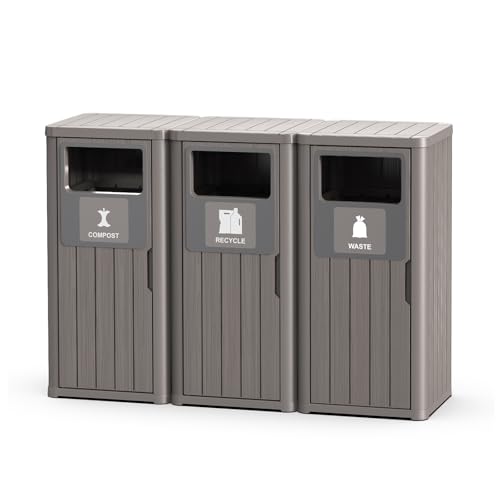 PatioZen Outdoor Three Barrel Trash Can,Waterproof Resin Garbage Can with Garbage Labels,Durable Waste Bin for Porch, Backyard,Kitchen,for 30 to 39 Gallon Trash Bags - color: Grey, size: 50*16*35