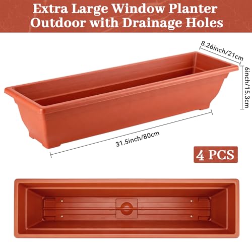 Briwooody 4 Pcs 31.5 Inch Extra Large Window Planter Outdoor with Drainage Holes Rectangle Plastic Window Flower Planter Box for Patio Home Decor, Brick Red