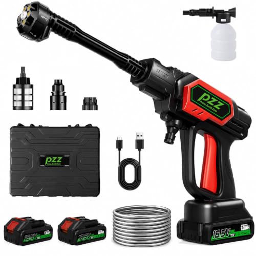 PZZ Cordless Pressure Washer, 1000 PSI Portable Power Cleaner with Dual 18.5V Batteries, 6-in-1 Nozzle & 17FT Hose, Lightweight Battery Powered Car Washer for Patio, Garden & Outdoor Cleaning (Red) - color: Red