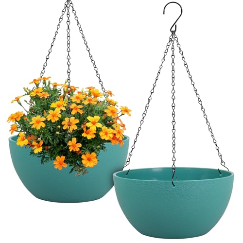 Meowell 12 inch Large Hanging Planters for Indoor Outdoor Plants, 2 Pack Hanging Flower Plant Pots with Drainage Holes and Chain for Garden Porch, Plastic Hanging Baskets for House Plants, Blue Green - color: Blue-green, size: 12inch 2pcs