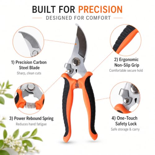 Labor-saving Pruning Shears, Carbon Steel Garden Pruner, Ergonomic Non Slip Hand Pruning Scissors with Safety Lock for Plant Stem Flower Shrub Orchard Home Gardening Trimming