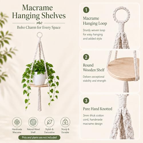 Macrame Hanging Planter with Shelf, Boho Plant Hanger for Indoor Window - color: Beige