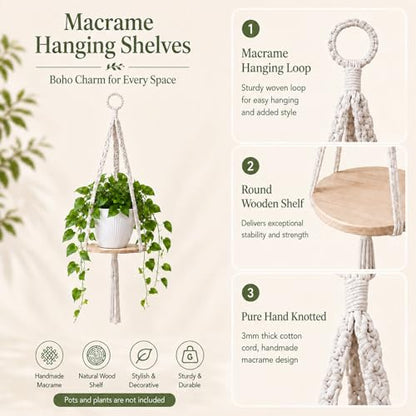 Macrame Hanging Planter with Shelf, Boho Plant Hanger for Indoor Window - color: Beige