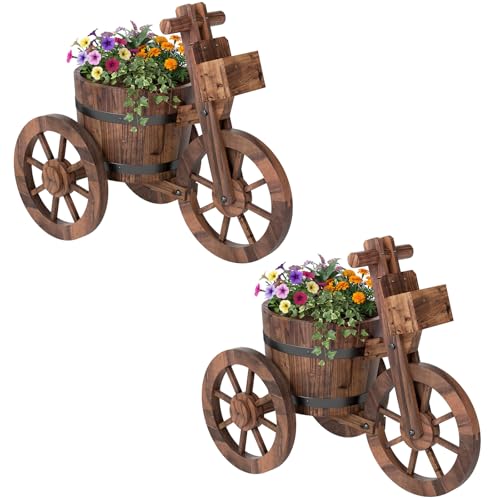 GIANTEX Wooden Wagon Planter with Wheels Set 2, Rustic Wood Plant Stand with Drainage Hole for Flowers Herbs Vegetables, Indoor Outdoor Decorative Garden Flower Cart for Patio Backyard Balcony - style: Spoked Wheel