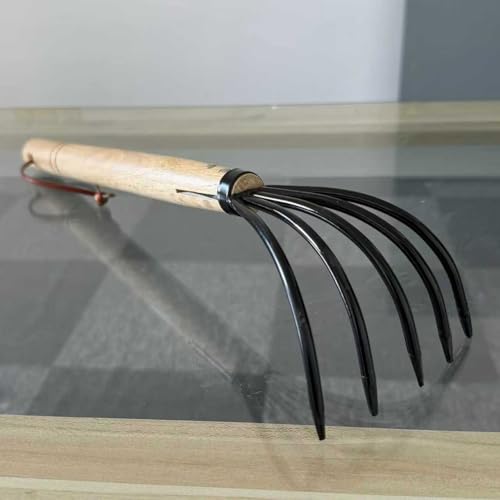 Garden Rake, 15 Inch Steel Tine Rake with Solid Wood Handle