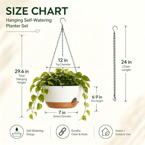 2 Pack 12 Inch Self‑Watering Hanging Planters Plant Pots, White‑Brown - color: White Brown