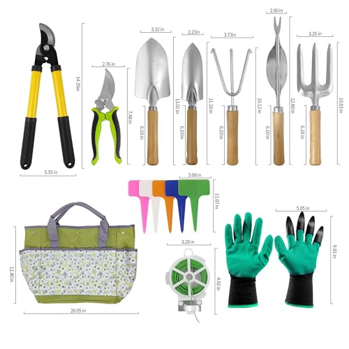 41-Piece Premium Gardening Tool Set, Stainless Steel Heavy Duty Gardening Tool Kit, with Non-Slip Rubber Grip, Storage Tote Bag, Outdoor Hand Tools, Ideal Gardening Gifts for All (Green) - color: Green