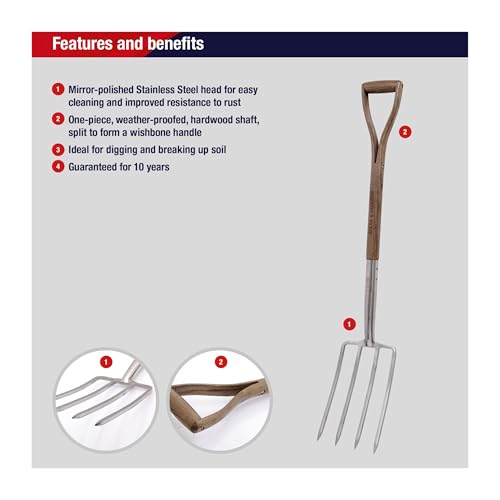 Spear & Jackson Traditional Stainless Steel Digging Fork, Heavy Duty Durable Stainless Steel Garden Tool, Ideal for Digging, Aerating, and Turning Soil - style: Digging Fork