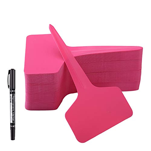 MIHEY 100 Pcs T-Type Plant Labels Tags Garden Markers with Gel Pen, Pink - color: Pink