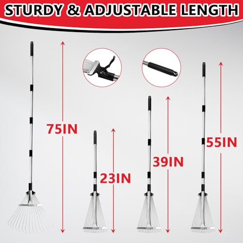 Leaf Rake Adjustable 23-75, Collapsible Metal Stainless Steel Garden Yard