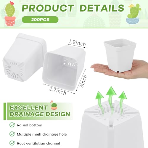 Yaomiao 200 Pack 3 Inch White Nursery Pot Square Flower Pots Plastic Plant Succulent Planter Seed Starting Pots with Drainage Holes for Garden Office Balcony Decor Indoor Outdoor Plant Seedling - color: White