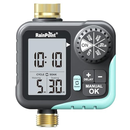 RAINPOINT Sprinkler Timer for Garden Hose - Hose Timer with Cycle & Soak/Rain Delay/Automatic Watering/Manual Watering, Programmable Irrigation System with Large Display, Brass Inlet & Outlet - color: Brassy