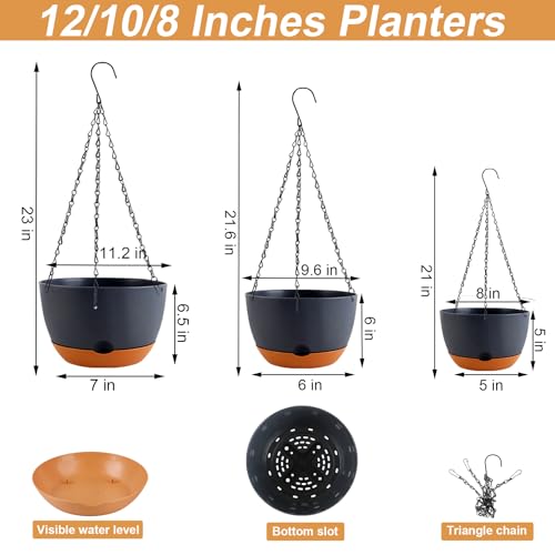 KPUVX 8/10/12 inch Plant Pot Hanging Planters, 3 Pack, Black - color: Black, size: 8/10/12 inch