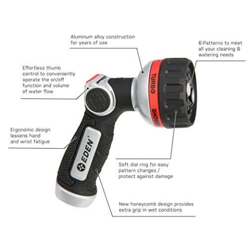 Eden Metal 6-Pattern Hose Nozzle: Thumb Operated, Heavy-Duty Aluminum Core - style: Angled Thumb Control