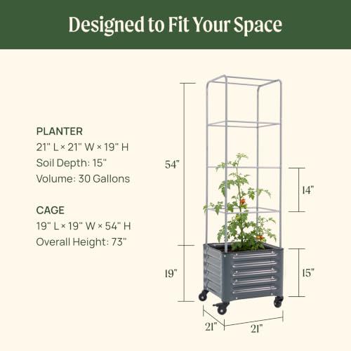 Vego garden Classic Rolling Cube Tomato Planter with Metal Cage & Wheels, 30 Gallon Rolling Planter for Tomatoes, Peppers & Beans, 21" x 21" x 19", 54" Plant Support Cage-Pearl White - color: Pearl White