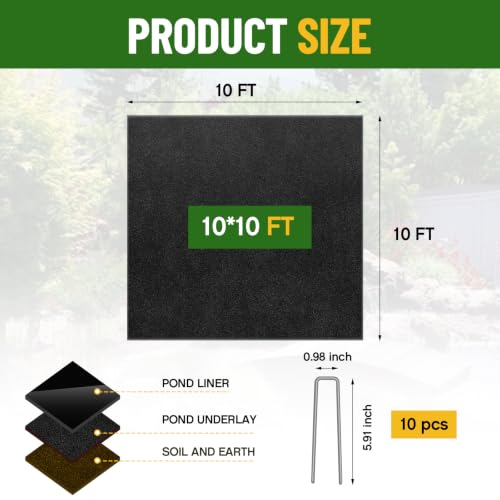 Fanfanwin 10 x 10 ft Pond Liner Underlayment with 10 U-pins, 9oz, Black - color: Black, size: 10 x 10 Feet X 9 oz, style: Square