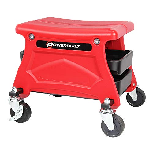 Powerbuilt Rolling Garage Seat with Tool Trays, Smooth Ball Wheel Bearing Casters 300 Pound Capacity Stool, Detailing, Motorcycle, Gardening - 240283 - size: Compact