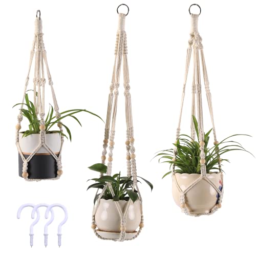 Macrame Plant Hangers with Beads for Indoor and Outdoor, 3 Pack - color: White