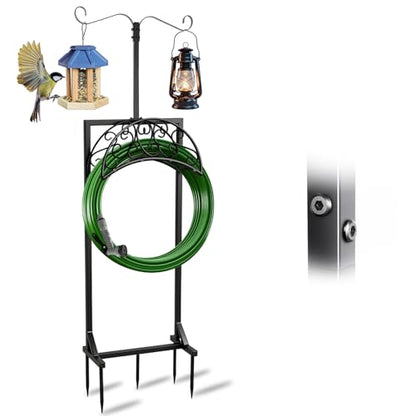 5-Spike Garden Hose Holder Freestanding with 2 Shepherds Hooks - color: Upgraded Hose Holder