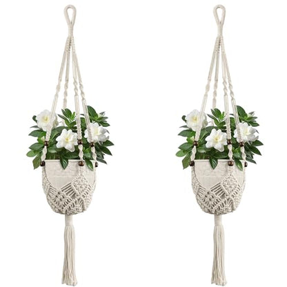 USLAI Macrame Plant Hanger, for Up to 6.5 Inch Pots, 35 Inch, White, 2 Pack - color: 35+35 Inch - White