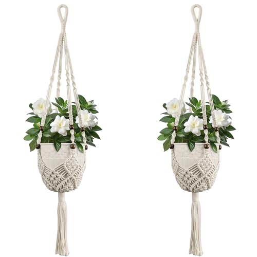 USLAI Macrame Plant Hanger, for Up to 6.5 Inch Pots, 35 Inch, White, 2 Pack - color: 35+35 Inch - White