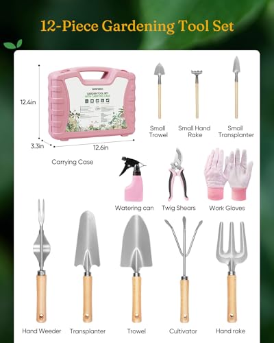 Grenebo 12-Piece Gardening Tools Set with Hard Storage Case, Pink Silver - color: Pink-Silver