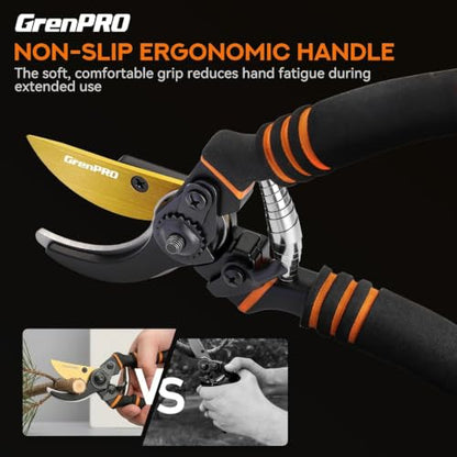 GRENPRO 8.6" Bypass Pruning Shears with SK5 Blades, 1.38" Cut Capacity - color: Black