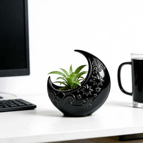 3D Printed Crescent Moon Shaped Planter Starry Sky Embossed Design Decorative Plant Pot for Small Succulents Indoor Houseplants Desktop Planter Container (Black) - color: Black