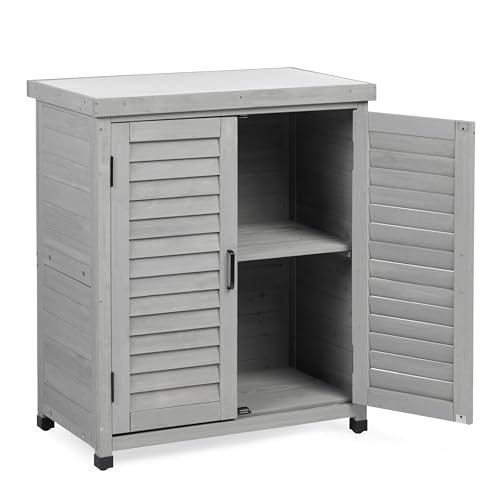 Outdoor Storage Cabinet with Metal Tabletop, Cedar Wood Garden Workstation - color: Accent Grey, size: 31x17x36
