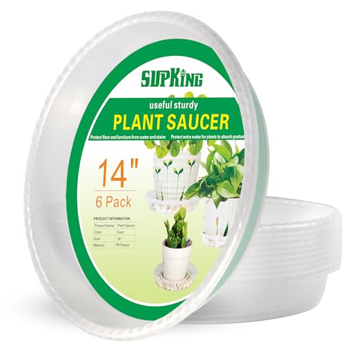 SupKing Large Plant Saucers Drip Tray 6 Pack, 6 8 10 12 14 15 Inch Heavy Sturdy Plastic Flower Pot Saucers for Indoor,Clear Plastic Planter Water Tray for Plant Pots Liners (14''-Clear) - color: Clear, size: 14in - 6 Pack