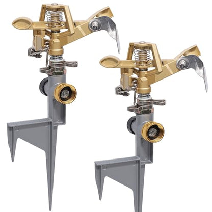 Biswing 2 Pack Impact Sprinkler Head on Metal Step Spike, Heavy Duty Zinc Alloy Lawn Sprinkler, Adjustable Coverage Nozzle on Sturdy Spike Base, 360 Degree Large Area Irrigation - color: Alloy color