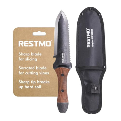 Restmo Hori-Hori Knife, Weeding, Planting, Depth Gauge, Brown - size: Hori Hori Garden Knife(Sharp Tip with Depth Gauge）