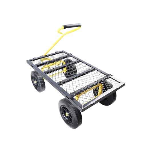 Metal Utility Wagon with 10" Solid Large Wheels 500 Lbs Capacity Heavy Duty Wheel Barrow Mesh Steel Garden Wagon Cart Dump Cart Pullable with 180° Rotating Handle Removable Sides (Black & Yellow) - color: Black & Yellow