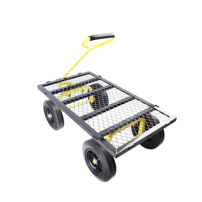 Metal Utility Wagon with 10" Solid Large Wheels 500 Lbs Capacity Heavy Duty Wheel Barrow Mesh Steel Garden Wagon Cart Dump Cart Pullable with 180° Rotating Handle Removable Sides (Black & Yellow) - color: Black & Yellow