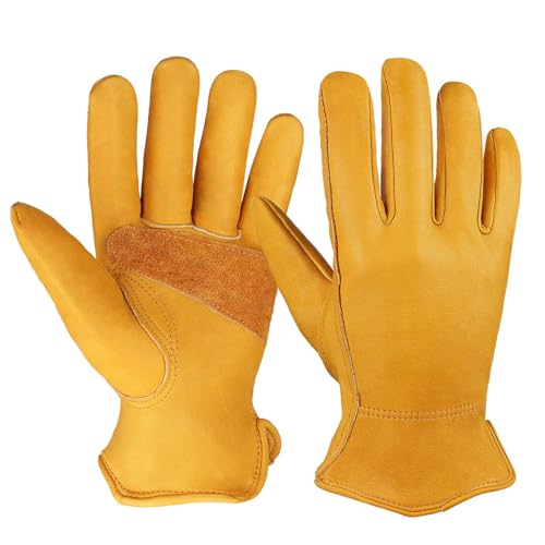 OZERO Leather work gloves for men,cowhide gardening gifts garden yard - color: Gold(1pair), size: Medium (Pack of 1)