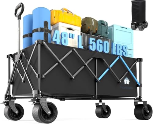 48" XL Collapsible Wagon Cart, 400L Heavy Duty Folding Wagon with 560 lbs Capacity, All-Terrain Wheels for Beach, Camping, Garden, Sports, Shopping - color: Black, size: 400L-48in