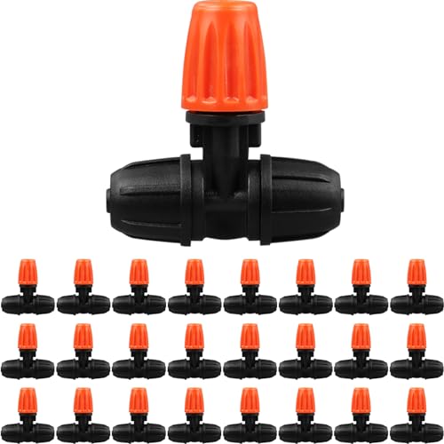 JAYEE Micro Spray Irrigation Drippers, 25 Pcs Three-Way Atomizing Nozzle Drip Irrigation Fitting for 1/4 Inch Tubing, Lock Barbed Drip Line Parts Emitters for Patio Garden Greenhouse Sprinkler System - size: 25P-Lock Nozzle
