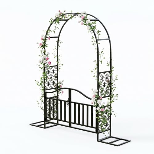 VINGLI Steel Garden Arbor, 7.6ft Arch Trellis for Climbing Plants and Decoration, Metal Garden Arbor with Flat Base and Gate, for Wedding, Entryway, Courtyard (Black, Flower Patten with Gate) - color: Black