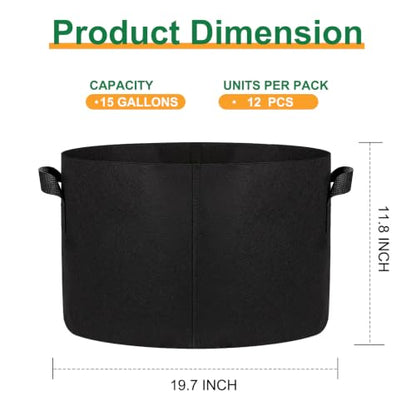 JERIA 12-Pack 15 Gallon Grow Bags, 300G Thickened Nonwoven Garden Pots,Heavy Duty Fabric Pots with Reinforced Handles - size: 15 Gallons