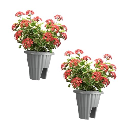 Railing Planter Box 2-Pack - 13.5-Inch Round Outdoor Flower Pots with Drainage Inserts - 2.64-Gallon Outdoor Planters for Porch, Deck, Fence, or Balcony Railings 3” - 3.75” Wide by Pure Garden (Gray)