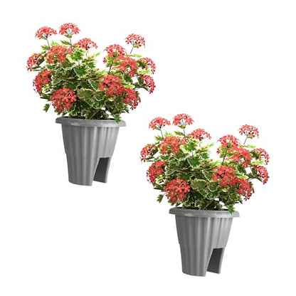 Railing Planter Box 2-Pack - 13.5-Inch Round Outdoor Flower Pots with Drainage Inserts - 2.64-Gallon Outdoor Planters for Porch, Deck, Fence, or Balcony Railings 3” - 3.75” Wide by Pure Garden (Gray)