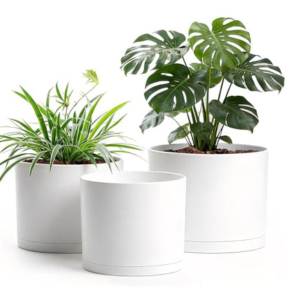 10/9/8 Inch Plant Pots 3 Pack, with Drainage Hole & Saucers - color: Matte White