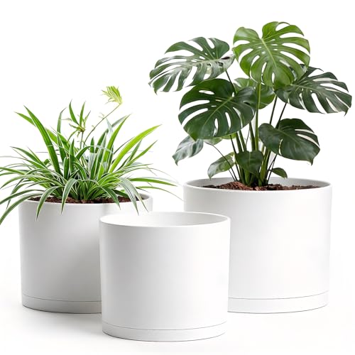10/9/8 Inch Plant Pots 3 Pack, with Drainage Hole & Saucers - color: Matte White
