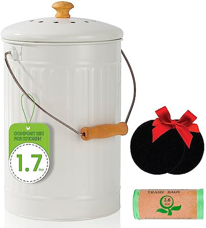 1.7 Gallon Kitchen Compost Bin, Indoor Countertop Compost Bin with Lid, 100% Rust Proof Compost Bucket with Non-Smell Charcoal Filters (White)