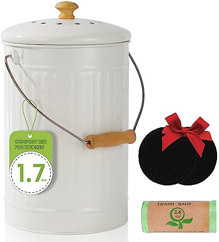 1.7 Gallon Kitchen Compost Bin, Indoor Countertop Compost Bin with Lid, 100% Rust Proof Compost Bucket with Non-Smell Charcoal Filters (White)