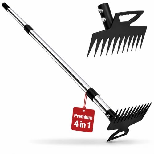 Premium 59" Long Handle 4-in-1 Heavy Duty Weed Puller Tool, 100% Manual Stand Up Weeder for Garden 11-Tine Root Puller, Adjustable Design for Lawn, Patio, Path, Driveway and Yard Work