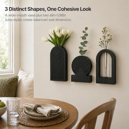 TBWIND Black Wooden Wall Vases Set of 3, Wall Planters with Glass Tube Kit - color: Black