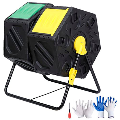 F2C Dual Chamber 37 Gallon Compost Tumbler All-Season Outdoor BPA Free Large Composter Bin w/ 2 Sliding Doors and Solid Steel Frame - size: 37 Gallon